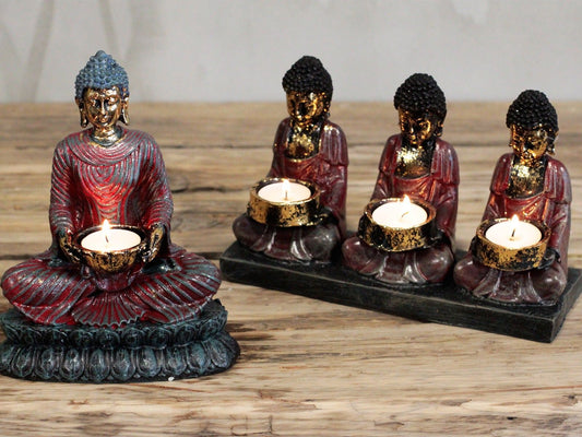 Buddha gyertyatartó oldalnézetből, kőhatású felület